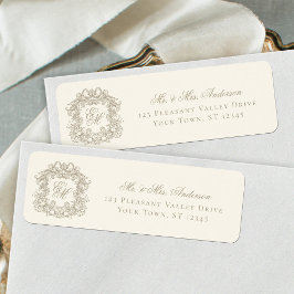 Monogramm krönika elfenbensvit bröllops returadres returadress etikett