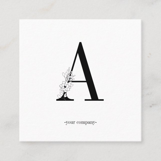 Monogramm, minimalistic Blumen schwarz weiss Fyrkantigt Visitkort (Framsida)