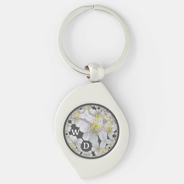 Monogrammad Abstrakt Roligt Blommigt Art. Swirl Silverfärgad Nyckelring (Framsidan)