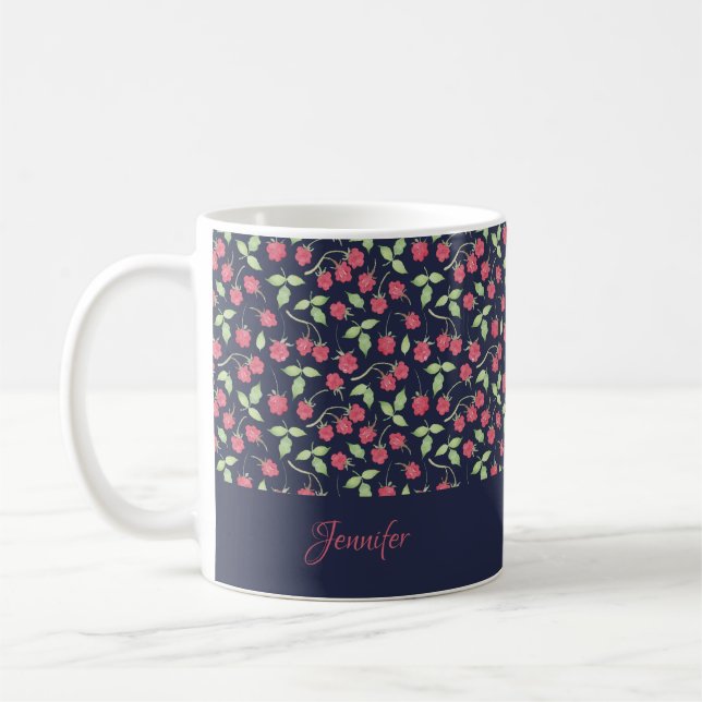 Monogrammad | Anpassningsbar för hallonblommor Blå Kaffemugg (Vänster)