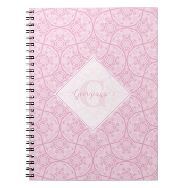 Monogrammad Art Deco Fläkt Preppy in Rosa Mandala Anteckningsbok (Framsidan)