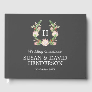 Monogrammad Australian Flowers Grått & Rosa Bröllo Gästböcker