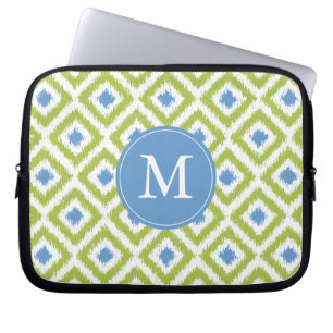 Monogrammad blå Grönt Diamond Ikat Mönster Laptop Sleeve