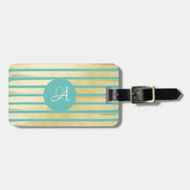 Monogrammad blå turkos guld-folie strimlad bagagebricka
