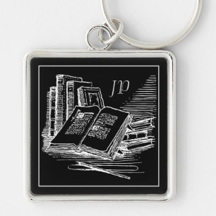 Monogrammad Black and White Academia Fyrkantig Silverfärgad Nyckelring
