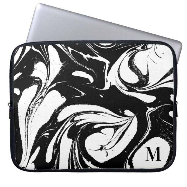 Monogrammad Black and White Marble Struktur Laptop Sleeve (Framsidan)