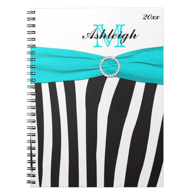 Monogrammad Black Aqua White Zebra Rand bärbar dat Anteckningsbok (Framsidan)
