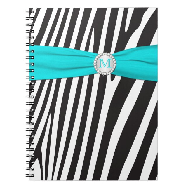 Monogrammad Black Aqua White Zebra Rand bärbar dat Anteckningsbok Med Spiral (Framsidan)
