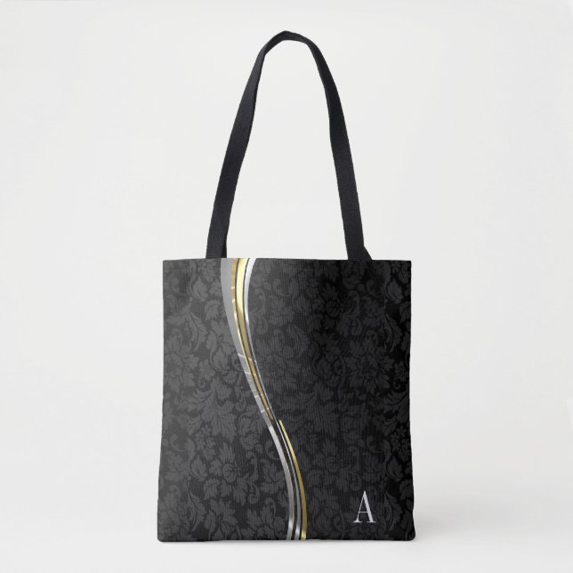 Monogrammad Black Damask Wave Rand Tygkasse (Framsida)