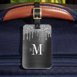 Monogrammad Black Glitter Drip Brushed Metall Bagagebricka