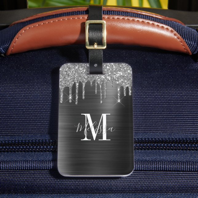Monogrammad Black Glitter Drip Brushed Metall Bagagebricka (Framsida Insitu 2)