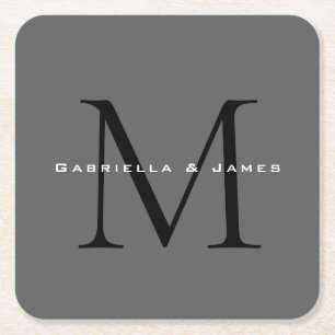 Monogrammad Black Grått Calligraphy Bröllop Underlägg Papper Kvadrat