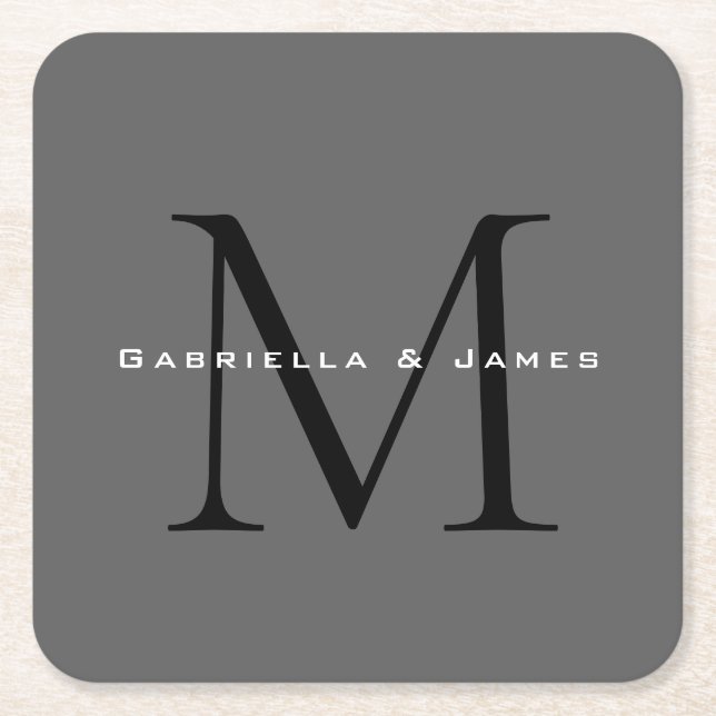 Monogrammad Black Grått Calligraphy Underlägg Papper Kvadrat (Framsidan)