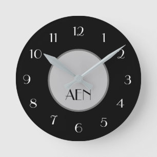 Monogrammad Black Grått White Minimalist Sleek Rund Klocka