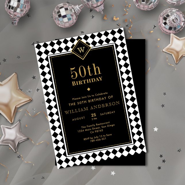 Monogrammad Black & Guld Milestone Age Birthday Inbjudningar (Monogrammed Black & Gold Milestone Age Birthday Invitation)