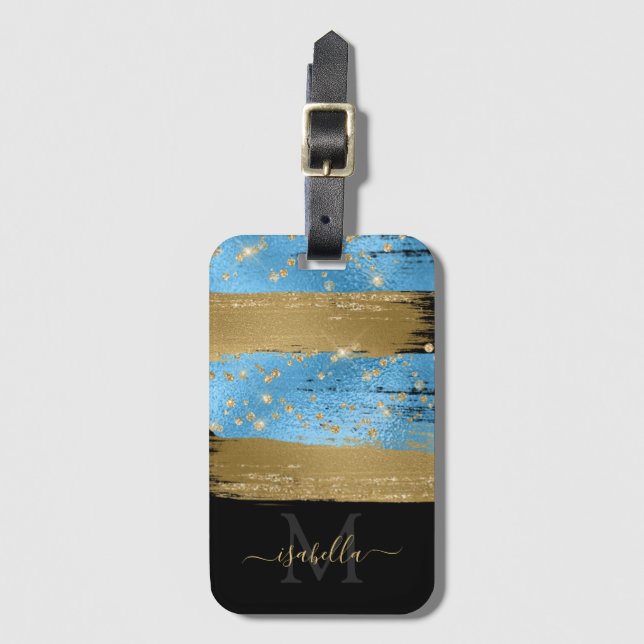 Monogrammad Black Guld-skript Blue Guld Bagagebricka (Framsida vertikal)