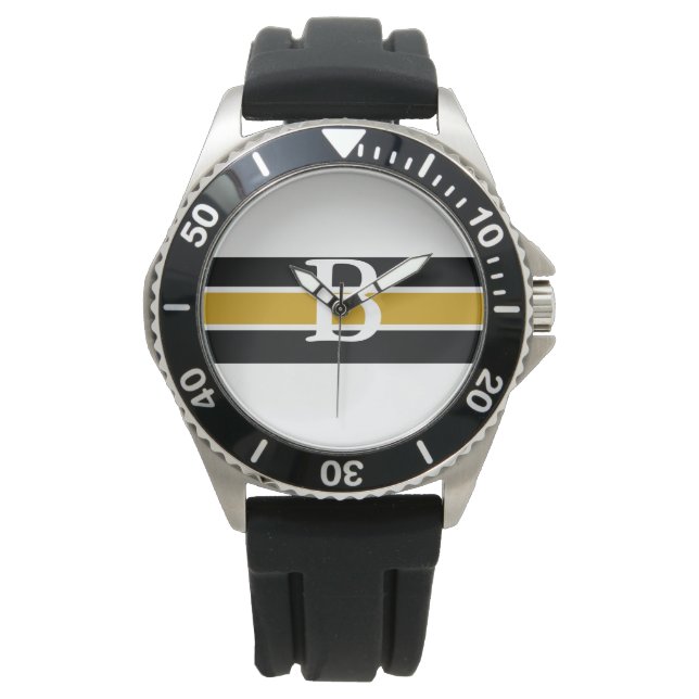 Monogrammad Black & Guld Stripe Watch Armbandsur (Framsida)