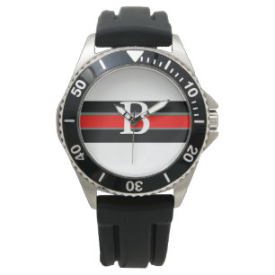 Monogrammad Black & Red Stripe Watch Armbandsur