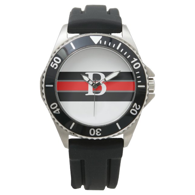 Monogrammad Black & Red Stripe Watch Armbandsur (Framsida)