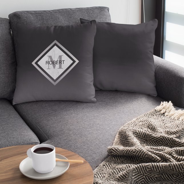 Monogrammad Black Silver Marble Geometric Kudde (Skapare uppladdad)