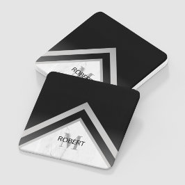 Monogrammad Black Silver Marble Geometric Underlägg Papper Kvadrat