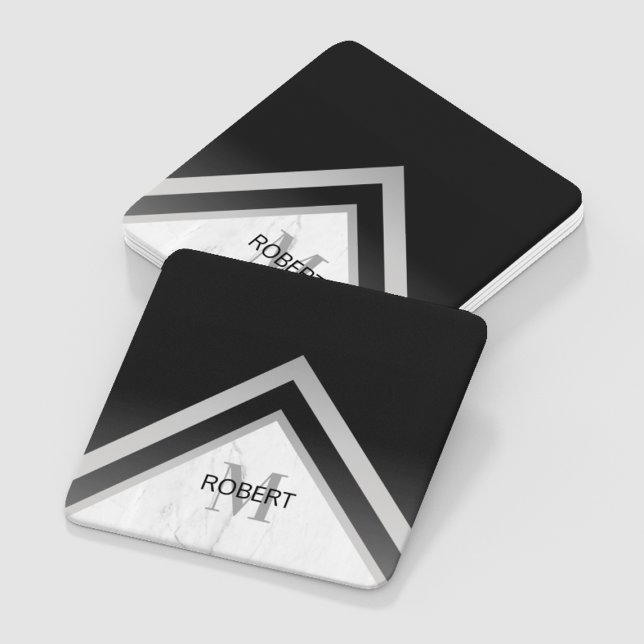 Monogrammad Black Silver Marble Geometric Underlägg Papper Kvadrat (Skapare uppladdad)