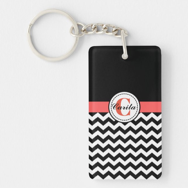 Monogrammad Black/White Chevron Acrylic Keychain (Framsidan)