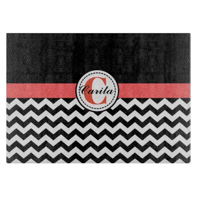 Monogrammad Black/White Chevron-skärningspådd (Framsidan)