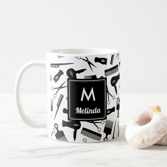 Monogrammad Black White Hair Verktyg Mönster Kaffemugg (Med munk)
