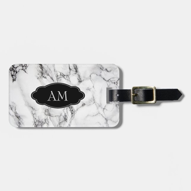 Monogrammad Black White Marble Stone Mönster Bagagebricka (Horisontell Framsida)