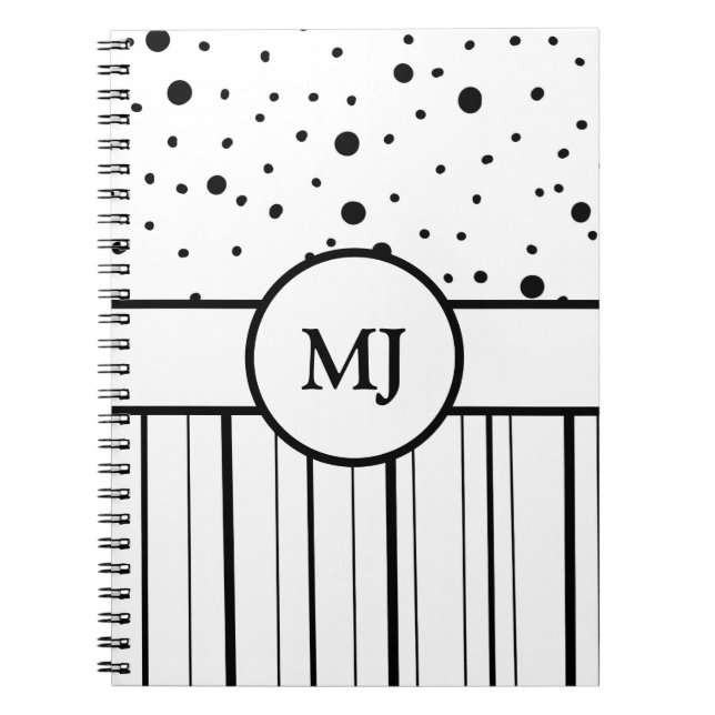 Monogrammad Black White Polka dots och Rand Anteckningsbok (Framsidan)
