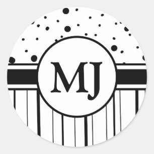 Monogrammad Black White Polka dots och Rand Runt Klistermärke