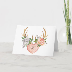 Monogrammad Blommigt Antler Notecard - blank inre Tack Kort