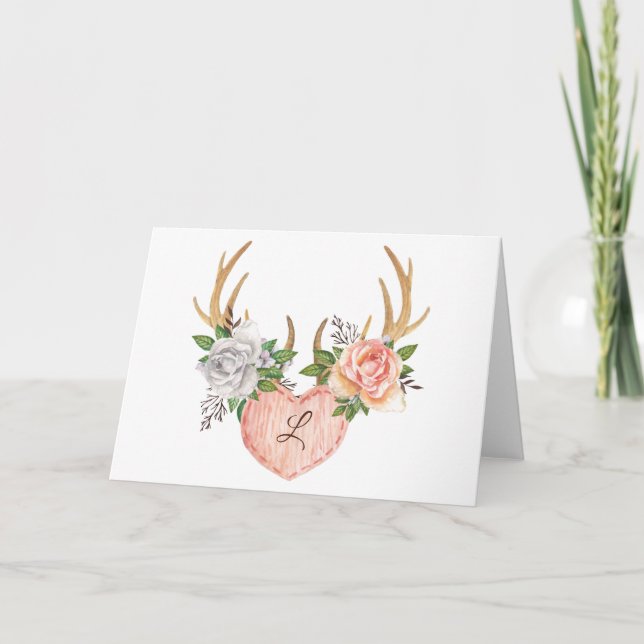 Monogrammad Blommigt Antler Notecard - blank inre Tack Kort (Framsida)