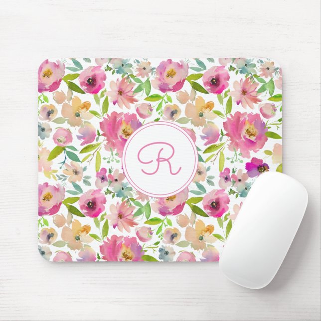 Monogrammad Blommigt Boho Pastel Watercolor Musmatta (Med mus)