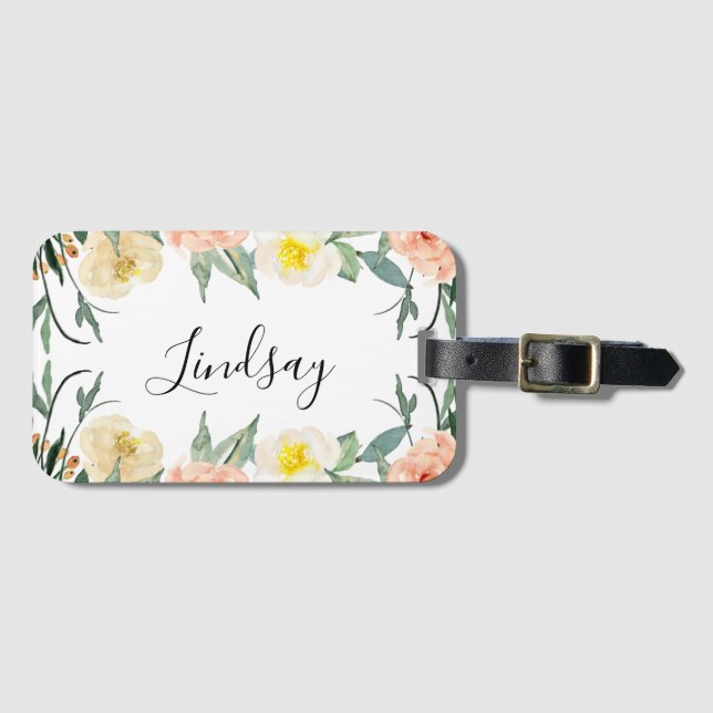 Monogrammad Blommigt för persikofärgad vattenfärg Bagagebricka (Framsida horisontal)