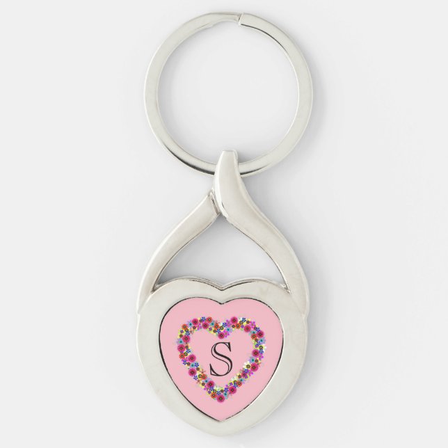 Monogrammad Blommigt Heart i Ro Rosa Twisted Heart Silverfärgad Nyckelring (Framsidan)