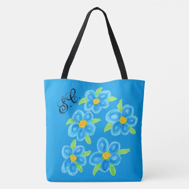 Monogrammad Blue Blommigt Tote-bag Tygkasse (Baksida)