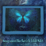 Monogrammad Blue Butterfly<br><div class="desc">Blåblå Butterfly Trifold Wallet med moody mörk som bakgrund. ~ Del av samlingen "Blue Butterfly".</div>