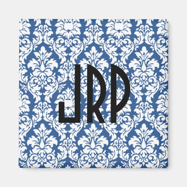 Monogrammad Blue Damask Magnet (Framsidan)