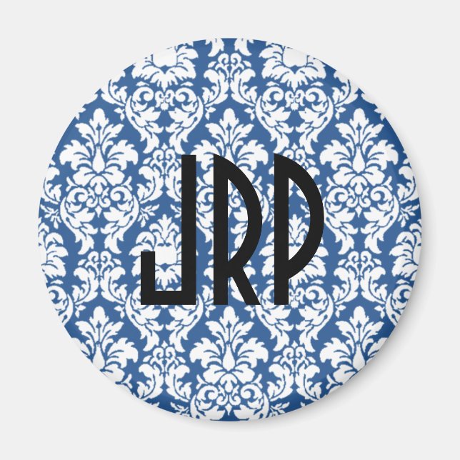 Monogrammad Blue Damask Magnet (Framsidan)