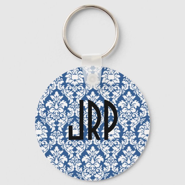 Monogrammad Blue Damask Nyckelring (Framsida)