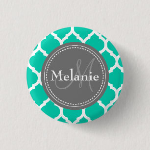 Monogrammad Blue & Grått Quatrefoil Knapp