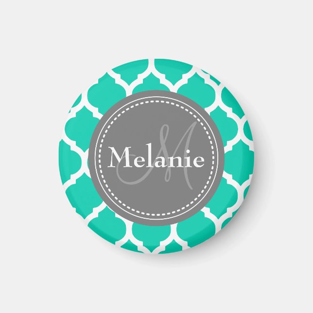 Monogrammad Blue & Grått Quatrefoil Magnet (Framsidan)