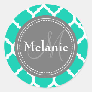 Monogrammad Blue & Grått Quatrefoil Runt Klistermärke