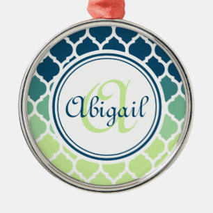 Monogrammad Blue Grönt Moroccan Lattice Mönster Julgransprydnad Metall