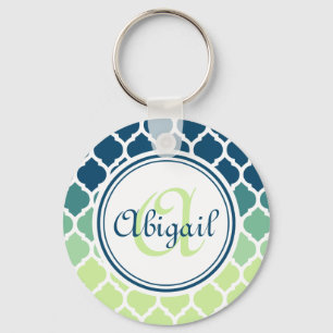 Monogrammad Blue Grönt Moroccan Lattice Mönster Nyckelring