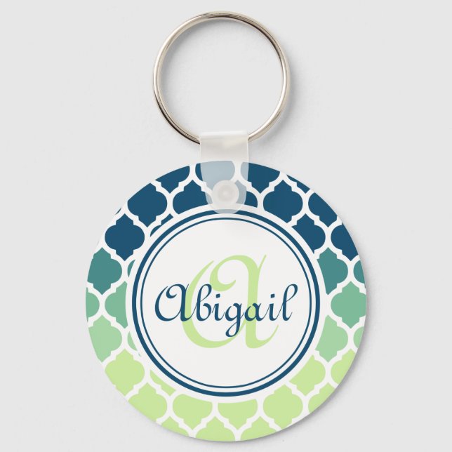 Monogrammad Blue Grönt Moroccan Lattice Mönster Nyckelring (Framsida)