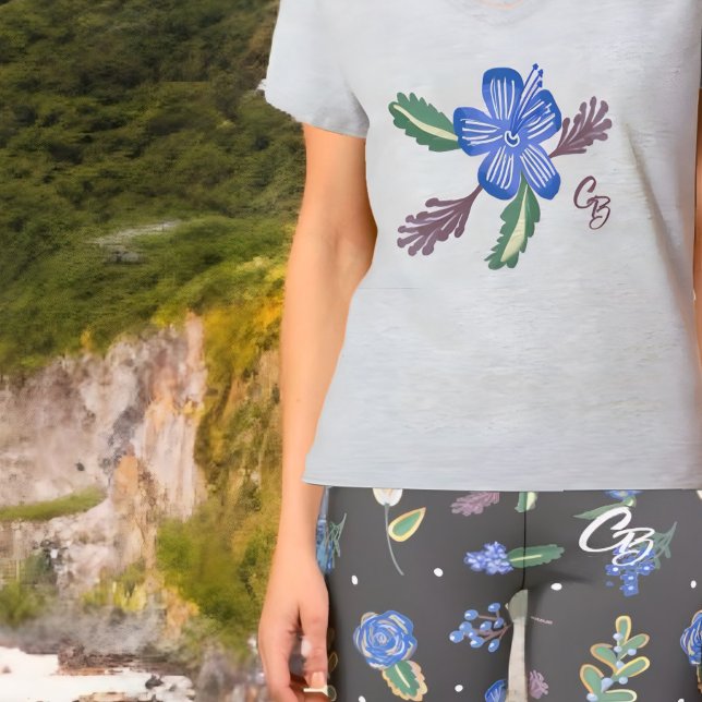 Monogrammad Blue Hibiscus Yoga Fitness Top T Shirt (Skapare uppladdad)