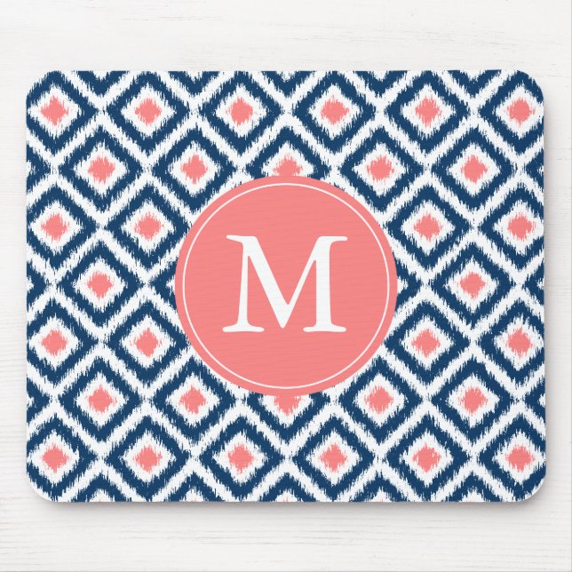 Monogrammad Blue Navy Diamonds Ikat Mönster Musmatta (Framsidan)